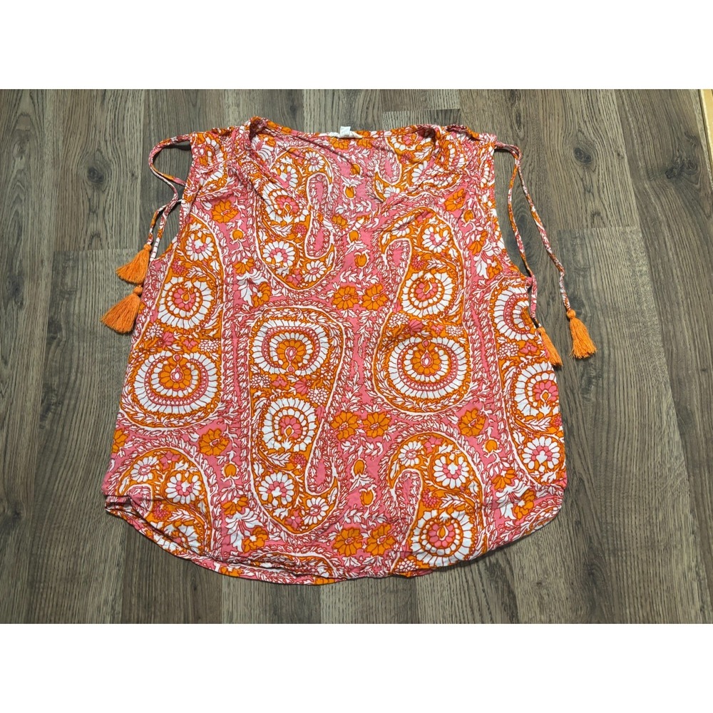 Grand & Greene Tank Top Women's Size Medium Pink Orange White, V-neck, Printed